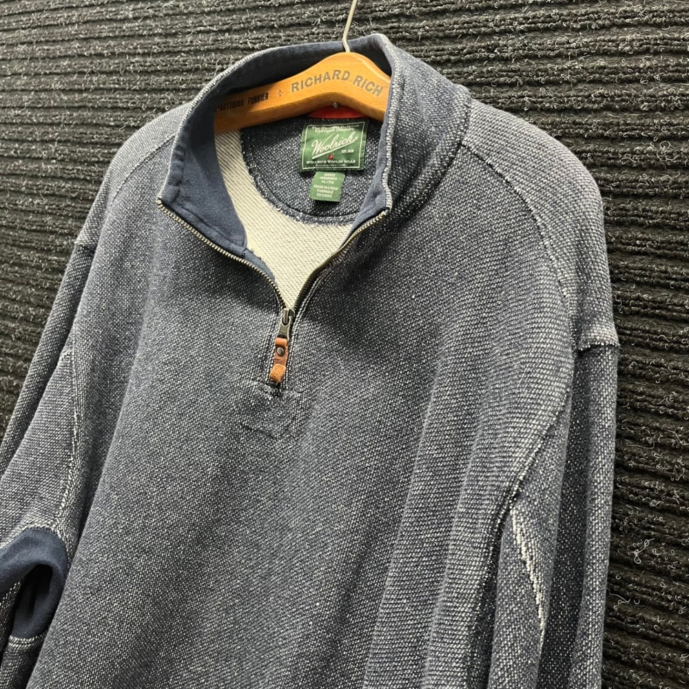 Woolrich Mens XL Blue Textured Knit Quarter Zip Pullover Cotton Sweater 8325
